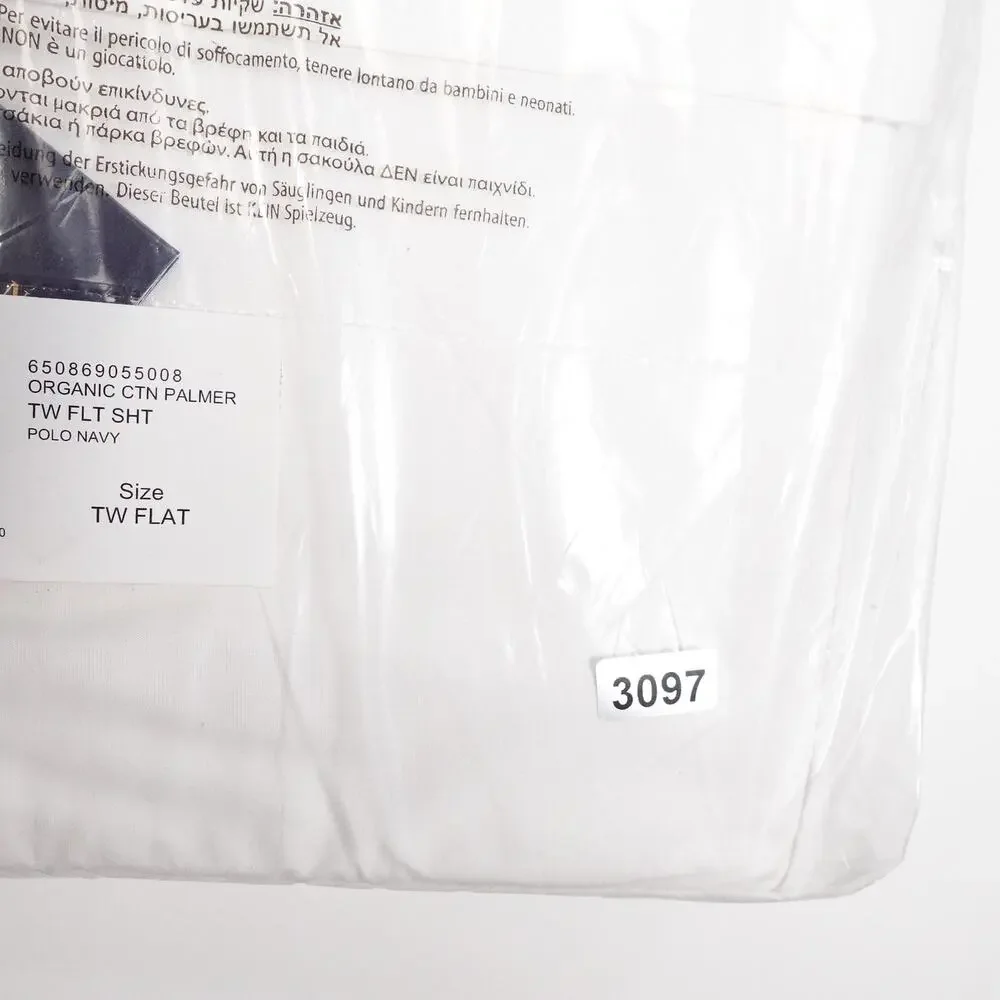 Ralph Lauren Organic Cotton Percale Palmer Twin Flat Sheet White/Polo Navy $125